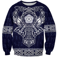 Unisex blue sweatshirt with large front Norse-style emblem graphic and pattern cuffs