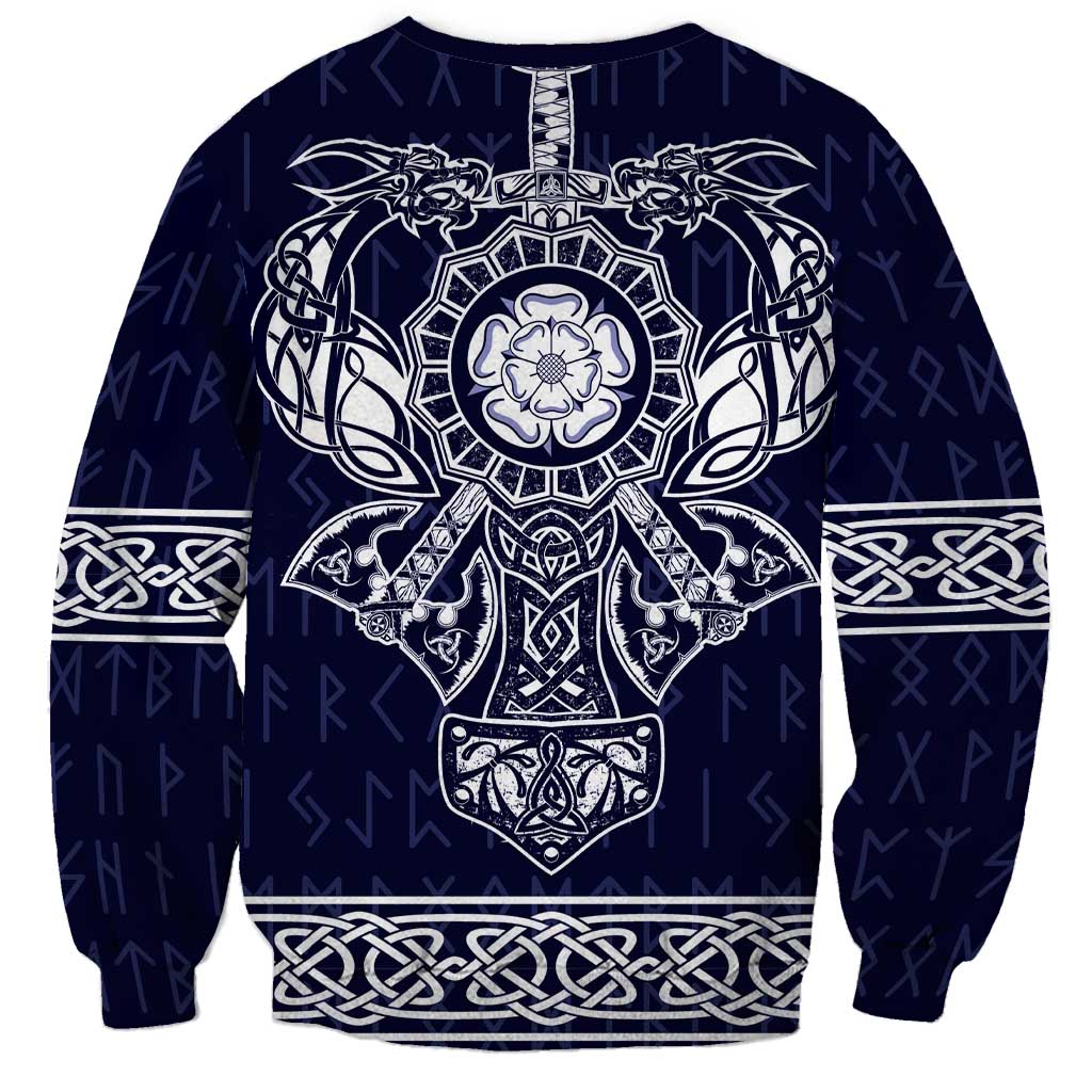 Unisex blue sweatshirt with central Norse-style graphic and patterned neckline
