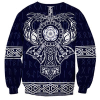 Unisex blue sweatshirt with central Norse-style graphic and patterned neckline