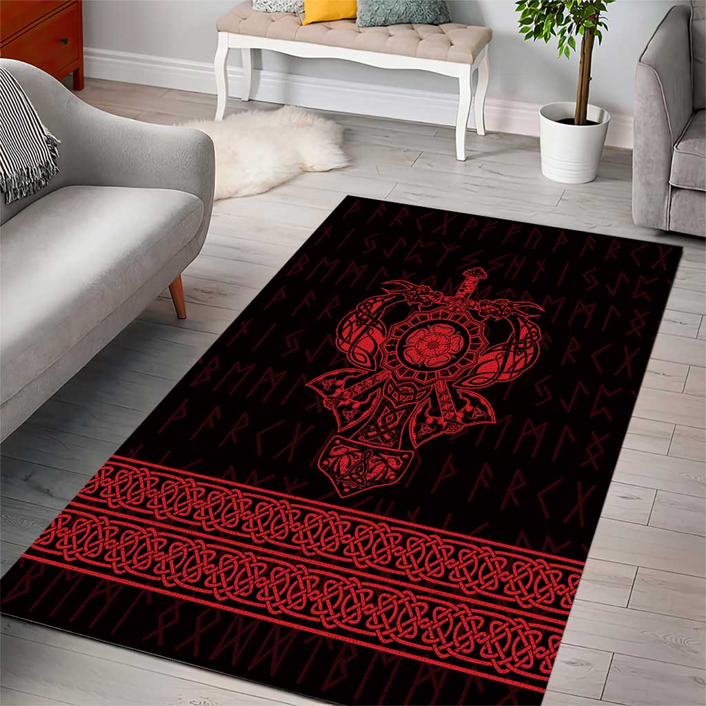 Red and black Viking warrior area rug with braided border and rune marks