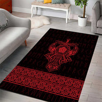 Red and black Viking warrior area rug with braided border and rune marks
