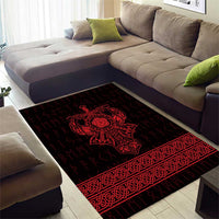 Red and black Viking warrior area rug with wide braided stripe and runes
