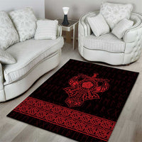 Red and black Viking warrior area rug with central figure and braided edge