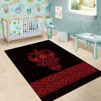 Red and black Viking warrior area rug with rune motif and braided border