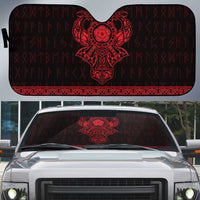 Car sun shade, black with red Viking-style emblem and rune pattern, front panel