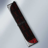 Car sun shade, black fabric with red runes and emblem, folded edge with strap
