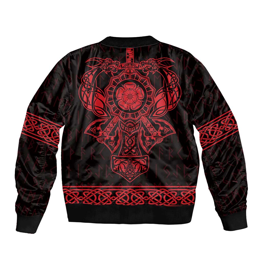 Black bomber jacket with large red Celtic emblem on chest and ribbed hem