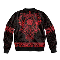 Black bomber jacket with large red Celtic emblem on chest and ribbed hem
