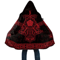 Black hooded Viking cloak with red ornate print and fringe hem