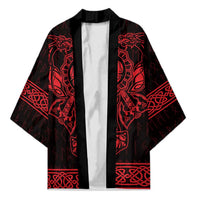 Unisex kimono with open front, wide sleeves, red Viking rune print on black