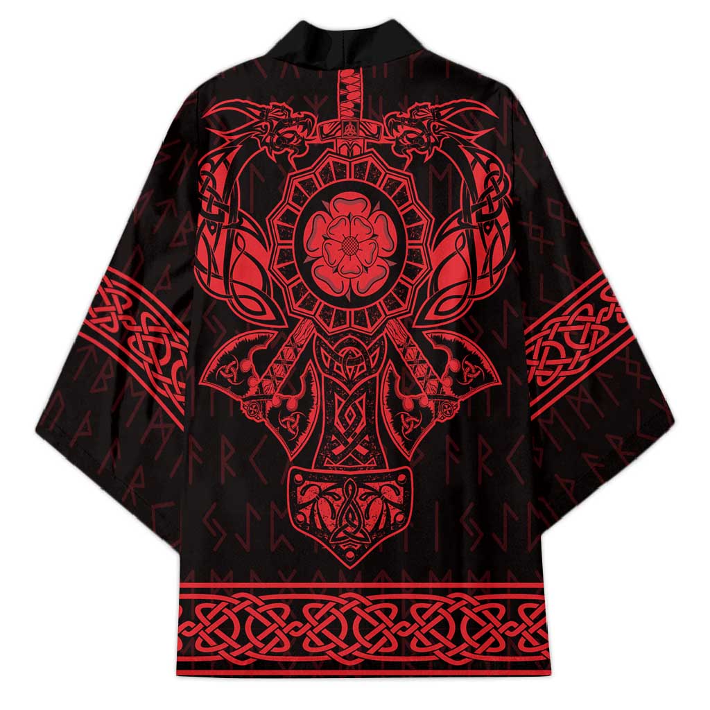 Unisex kimono back design with central Viking emblem, red rune pattern on black