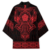 Unisex kimono back design with central Viking emblem, red rune pattern on black