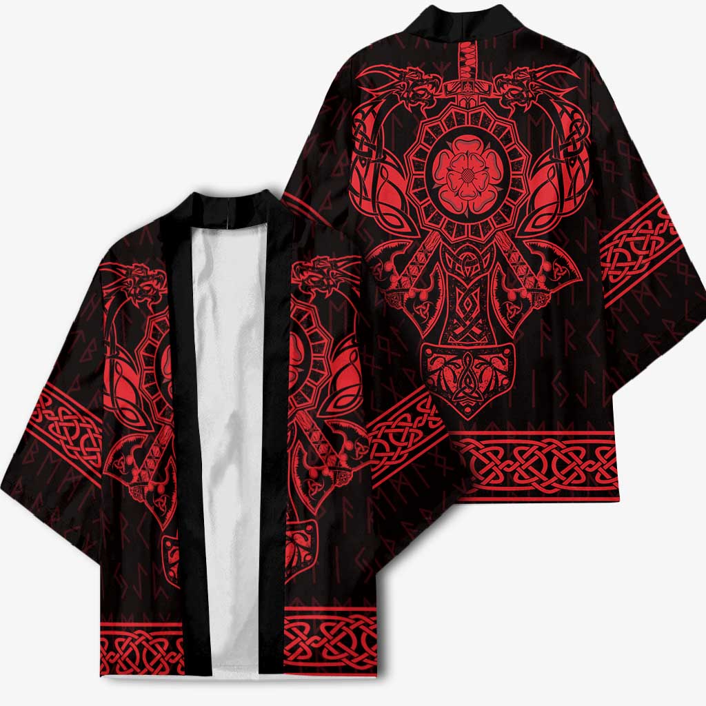 Unisex kimono front and back shown, open front and black/red rune graphics