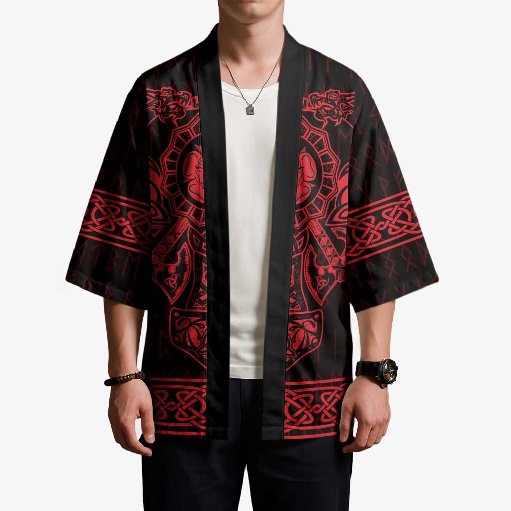 Unisex kimono on model, open-front black with red Viking print panels and wide sleeves