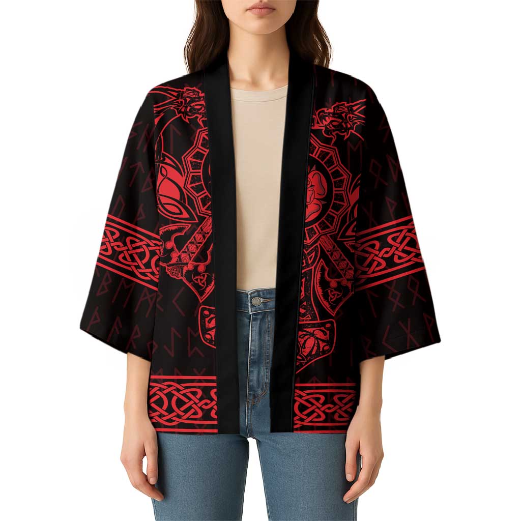 Unisex kimono on model, open front black with red rune borders, wide elbow-length sleeves