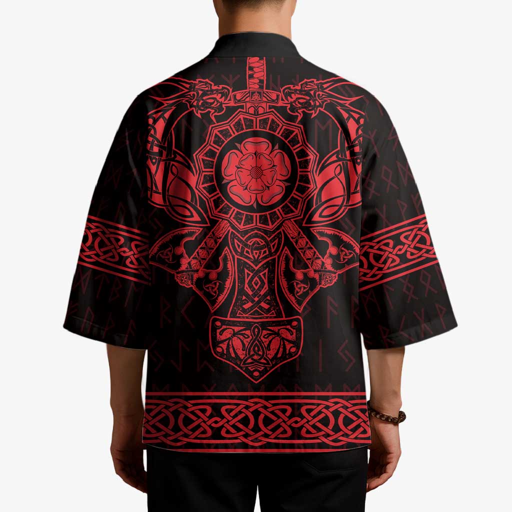 Unisex kimono back view on model, red Viking emblem and border print on black