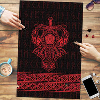 Red and black Viking rune jigsaw puzzle with central helmet emblem and border strip.
