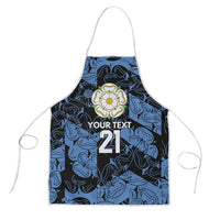 Custom apron with blue pattern, white straps, floral emblem and custom text 21 front