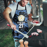 Custom apron with blue swirl print, black straps; floral badge and custom text 21