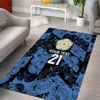 Blue swirl area rug with 'YOUR TEXT' and bold '21' centerpiece