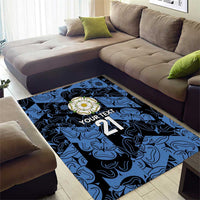 Blue decorative area rug featuring 'YOUR TEXT' and large '21' design