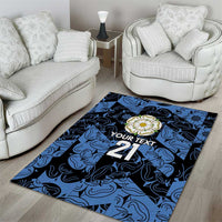 Blue patterned area rug with 'YOUR TEXT' and prominent '21' lettering