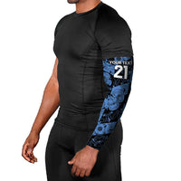Blue and black patterned arm sleeve pair with bold number 21 patch