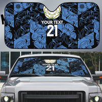 Auto sun shade with blue pattern and bold '21' windshield graphic, custom text
