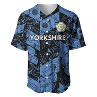 Custom baseball jersey with blue/black swirl pattern, YORKSHIRE on chest and crest