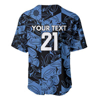Custom baseball jersey with blue/black swirl pattern, YOUR TEXT 21 on back