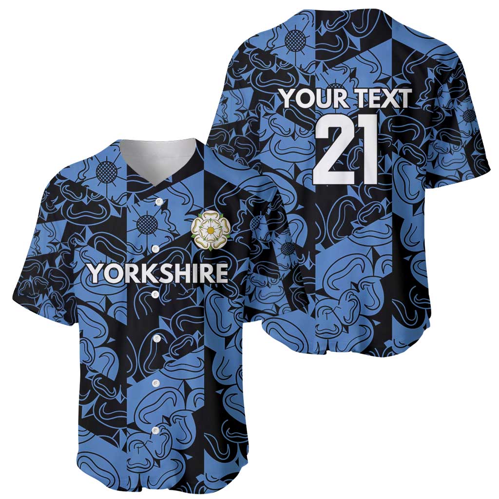 Two custom baseball jerseys: YORKSHIRE front and YOUR TEXT 21 back, blue/black swirl