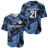 Two custom baseball jerseys: YORKSHIRE front and YOUR TEXT 21 back, blue/black swirl