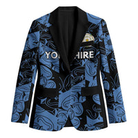 Unisex blazer with black lapels and blue-and-black swirling pattern, two-button front