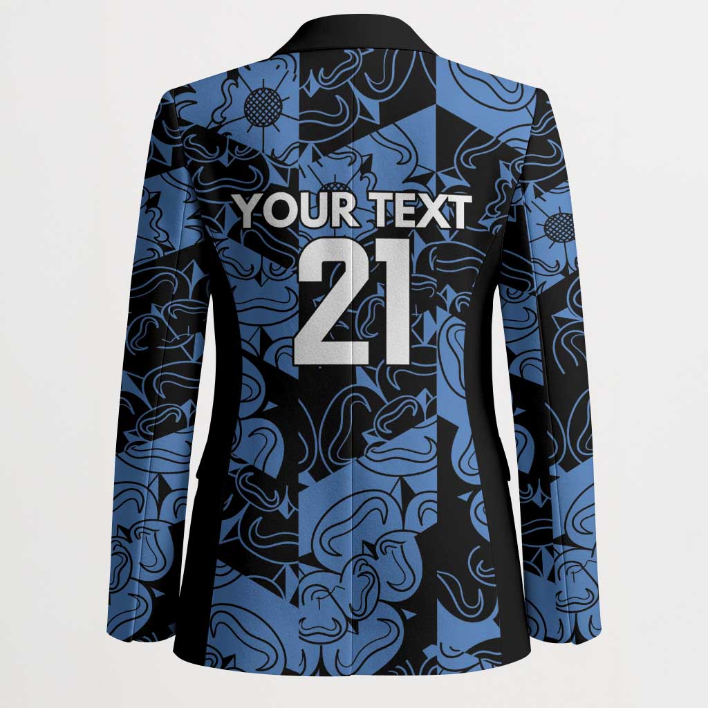 Unisex blazer back with black yoke, blue-and-black pattern, large '21' and text
