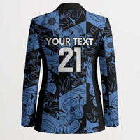 Unisex blazer back with black yoke, blue-and-black pattern, large '21' and text
