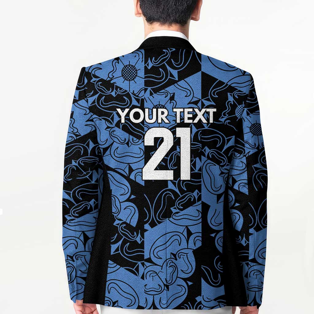 Unisex blazer back with blue-and-black swirl pattern, 'YOUR TEXT 21' graphic