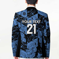 Unisex blazer back with blue-and-black swirl pattern, 'YOUR TEXT 21' graphic