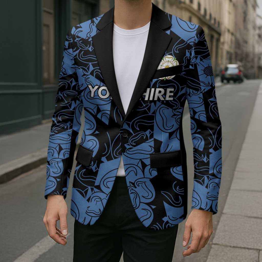 Unisex patterned blazer with black lapels and chest pocket, casual street front view