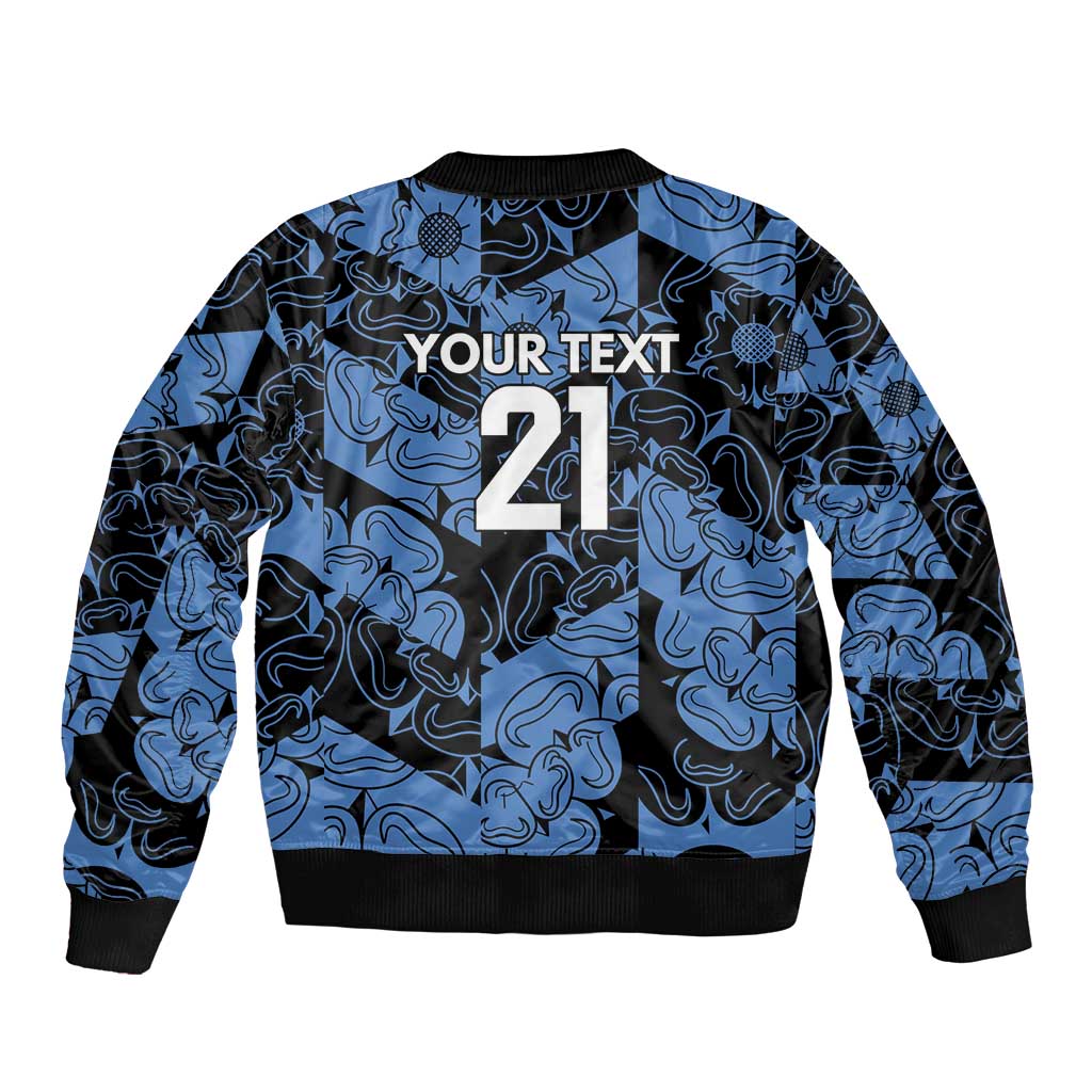 Blue bomber jacket with black trim, full zip, Your Text 21 design on front