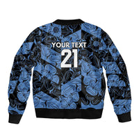 Blue bomber jacket with black trim, full zip, Your Text 21 design on front