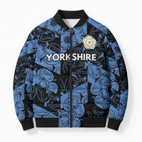 Blue patterned bomber puffer jacket with full zip, ribbed cuffs, Yorkshrie logo
