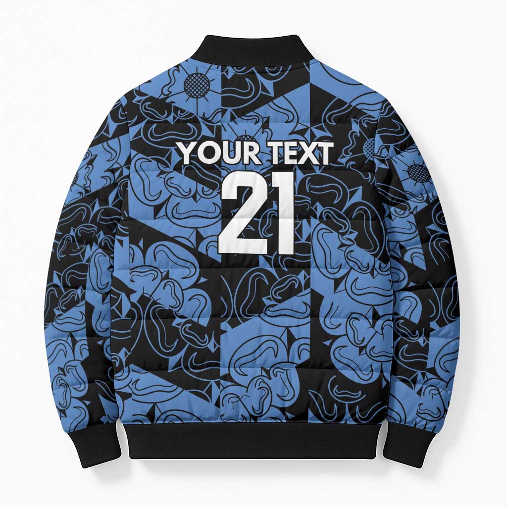Blue patterned bomber puffer jacket back, full zip, '21' and your text print