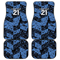 Set of four blue patterned car mats with 'YOUR TEXT 21' and flower icons
