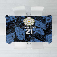 Custom tablecloth, dark blue swirl pattern with center text "YOUR TEXT 21".