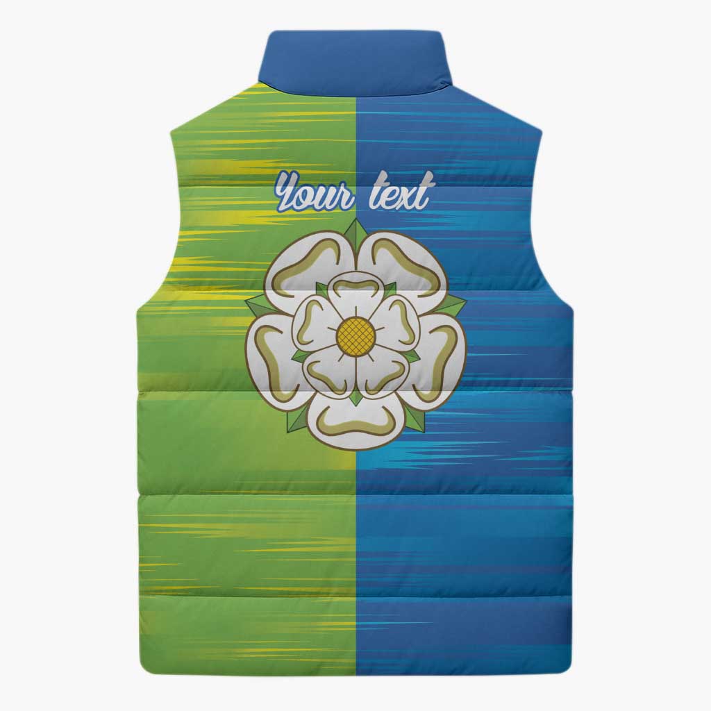 Sleeveless puffer vest back with blue-and-green stripes, rose emblem, Your text print
