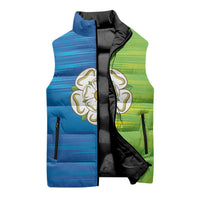 Sleeveless puffer vest side view, blue-to-green gradient, rose emblem, full front zipper