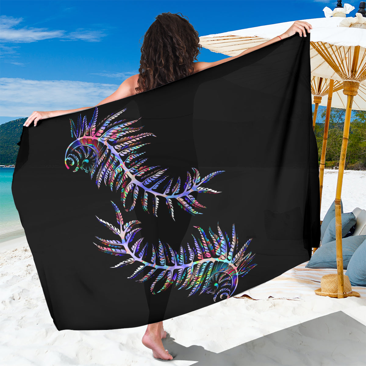 Black sarong with multicolor fern shell-style print, rectangular wrap