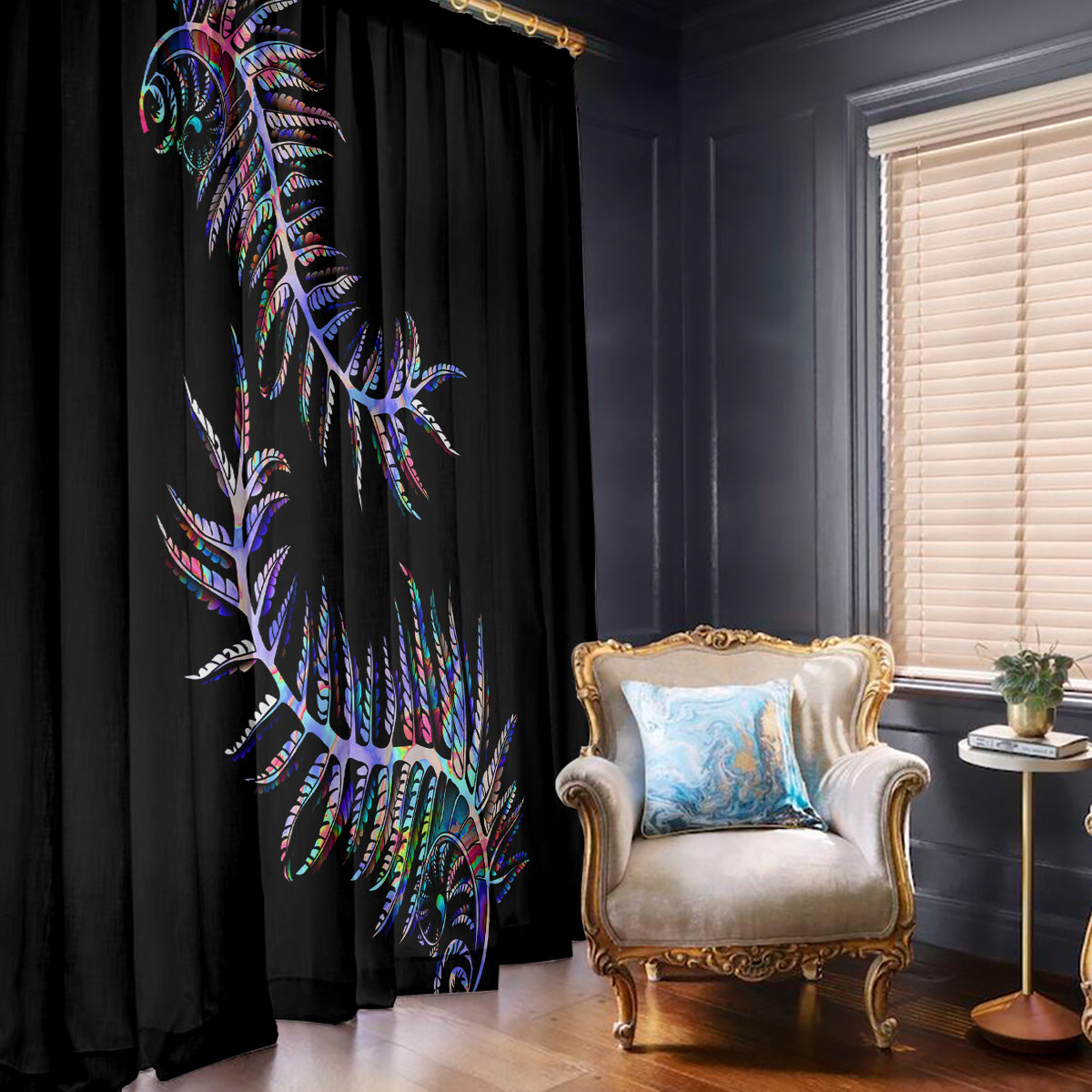 Black window curtain panels with colorful fern-and-feather artwork, hanging to the floor