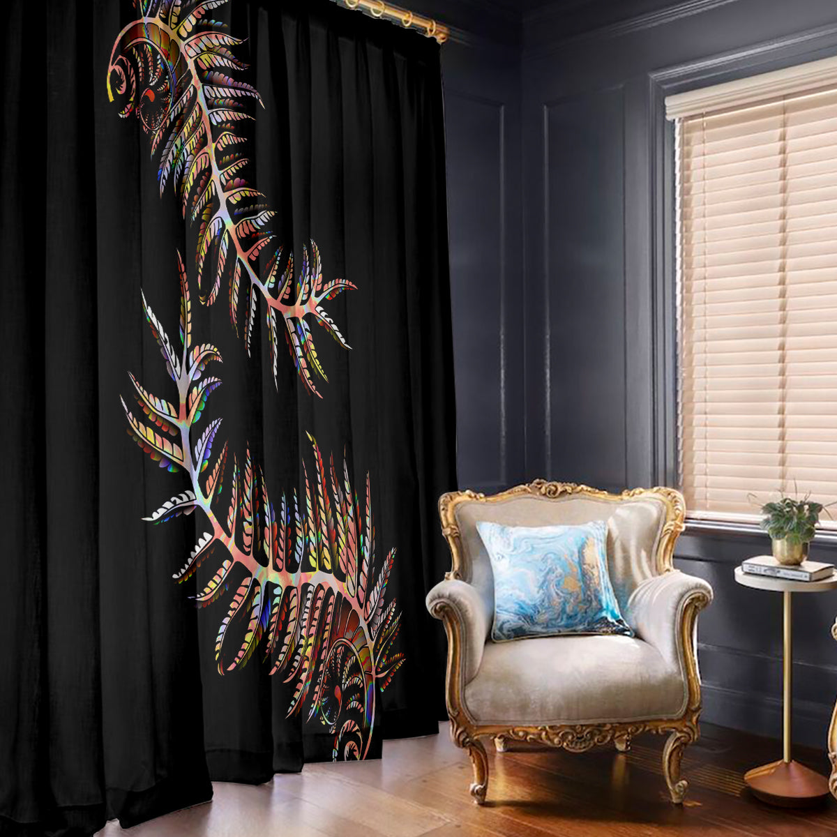 Black window curtain with colorful silver fern feather design, hanging panels with tieback.
