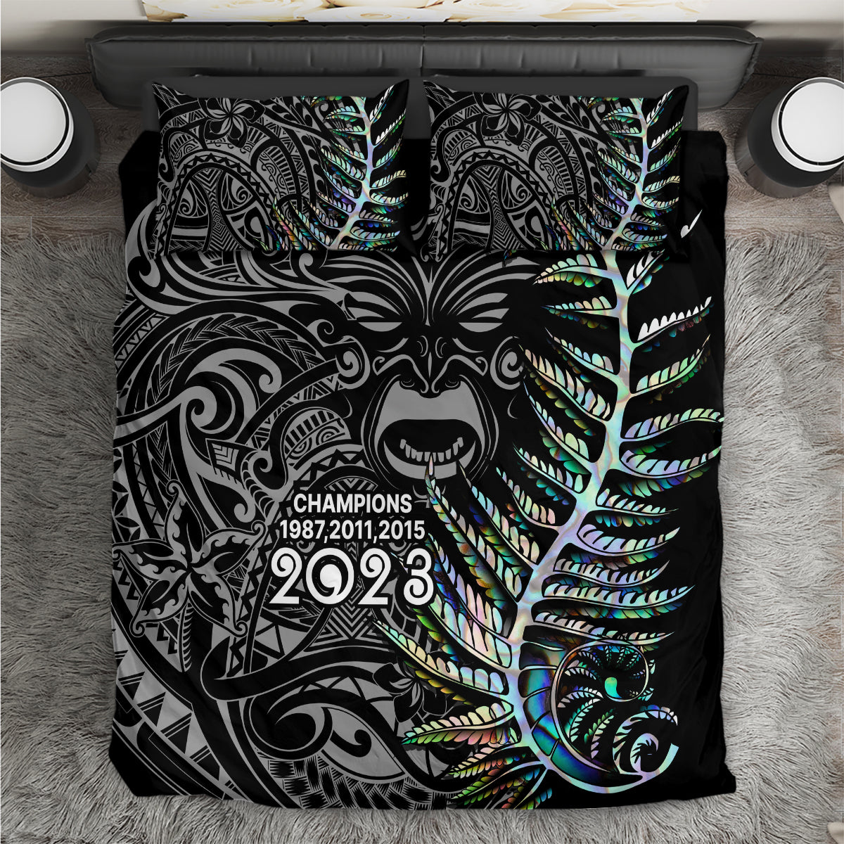 Black rugby bedding set with fern leaves, tribal patterns, Champions 2023 graphic